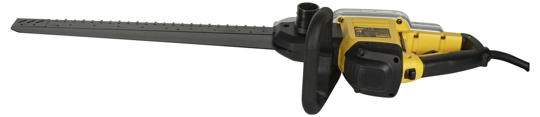 Elektrische heggenschaar met geel en zwart behuizing, lang snijblad en extra handgreep voor een veilige grip.