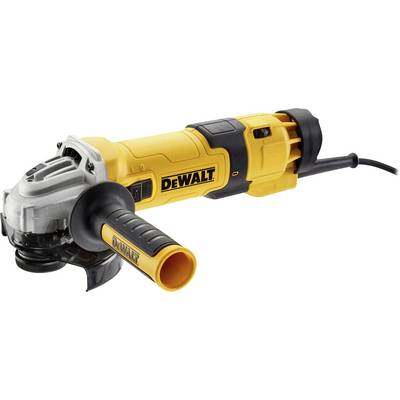 Een gele haakse slijper van het merk DeWalt met een zwarte handgreep en stroomkabel, op een witte achtergrond.