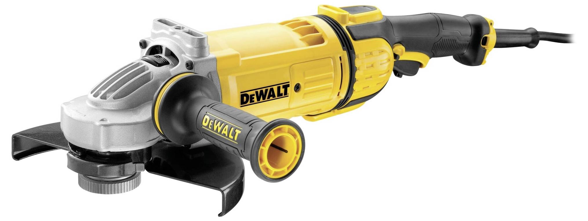 Gele haakse slijper met zwarte handgreep en beschermkap, gemarkeerd met het DeWalt-logo.