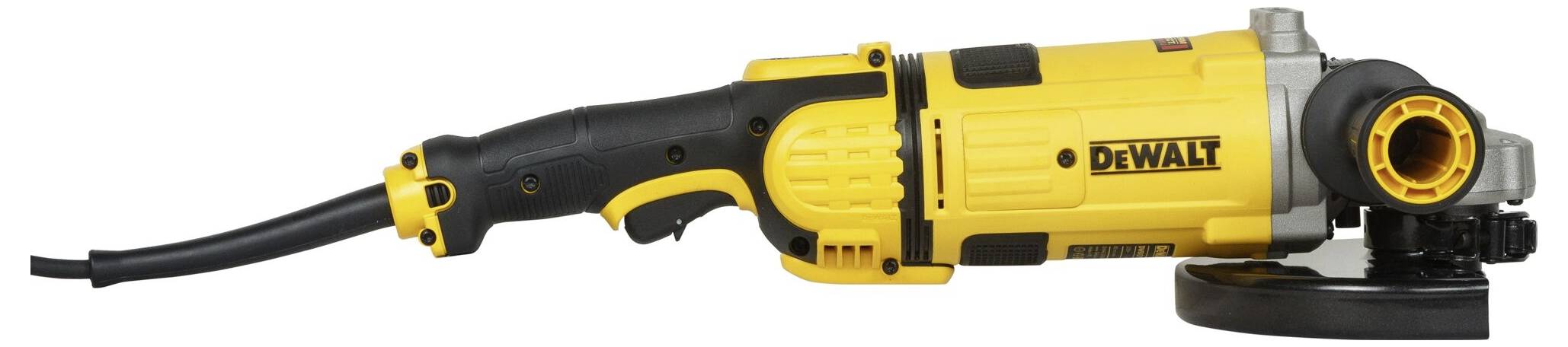 Een gele haakse slijper met zwarte handgreep en kabel, liggend op één kant. Het merk 'DeWalt' is zichtbaar.