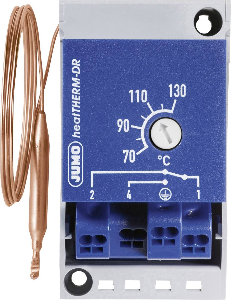 Een blauwe Jumo heatTHERM-DR temperatuurregelaar met koperen sensor. Schaal van 70 tot 130 graden Celsius.