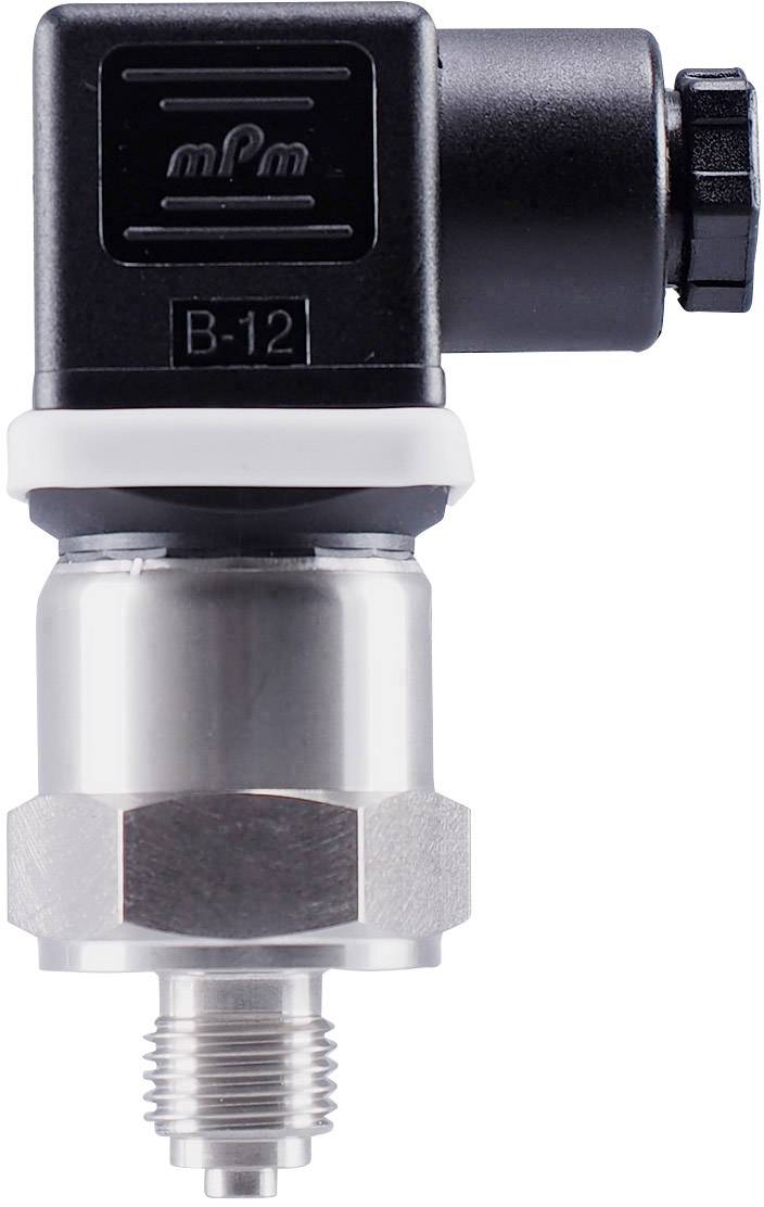 Een druksensor met metalen schroefdraadaansluiting. Zwarte kunststof behuizing bovenaan, metalen behuizing onderaan. Model: B-12.