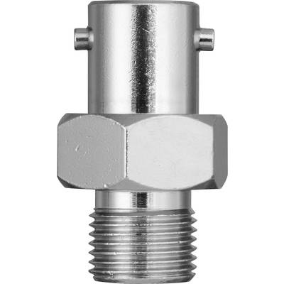 Metalen adapter met schroefdraadaansluiting onderaan en cilindrisch gedeelte bovenaan. Beschermd tegen corrosie.