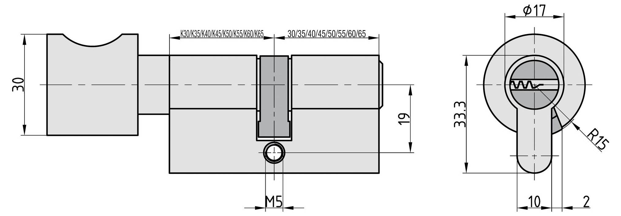 Technische tekening van een cilindrisch slot met nauwkeurige afmetingen in millimeters. Belangrijkste kenmerken omvatten een cilinder, cam en afmetingen.