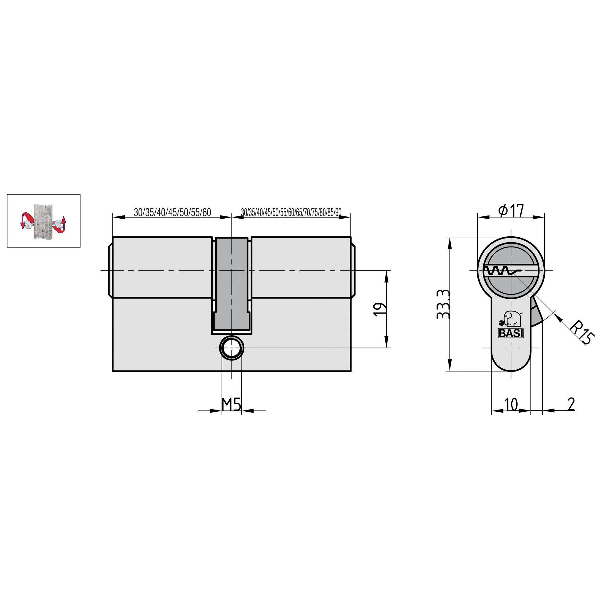Technisch diagram van een cilinderschlot met afmetingen: 19 mm hoogte, 33,3 mm breedte, met verschillende lengtes. Labels bevatten 'BASI' op het slotfront.