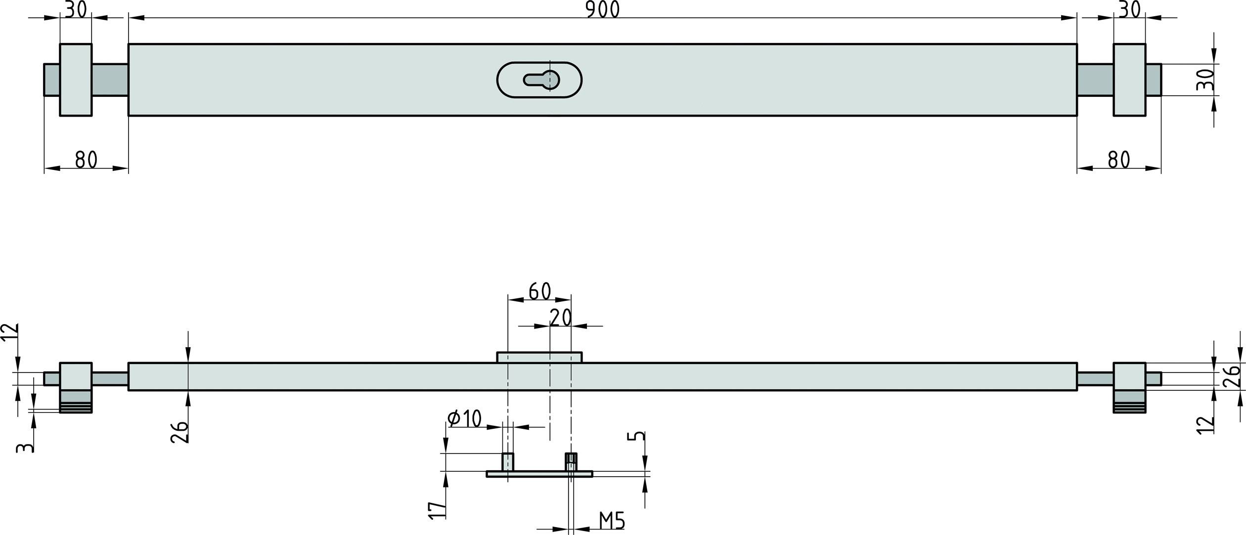 Technische tekening van een metalen staaf. Boven en onder zijn de afmetingen aangegeven: lengte 900 mm, breedte 30 mm, hoogte 12 mm.