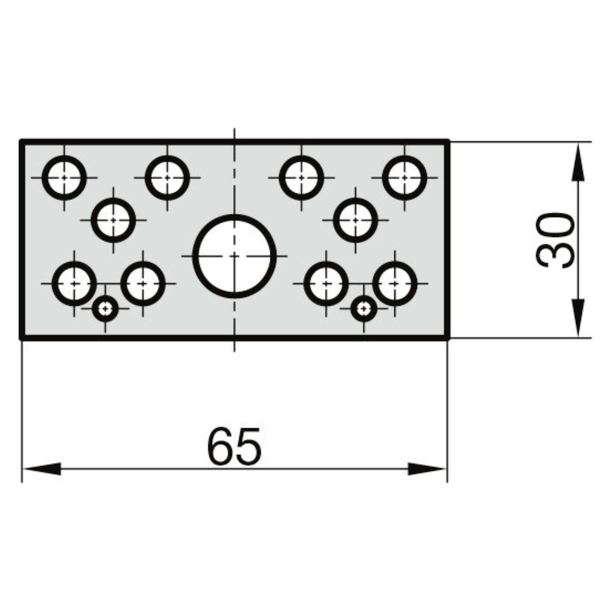 Afbeelding van een technische tekening: Rechthoekige metalen plaat, 65 mm breed, 30 mm hoog, met meerdere cirkelvormige gaten van verschillende afmetingen.