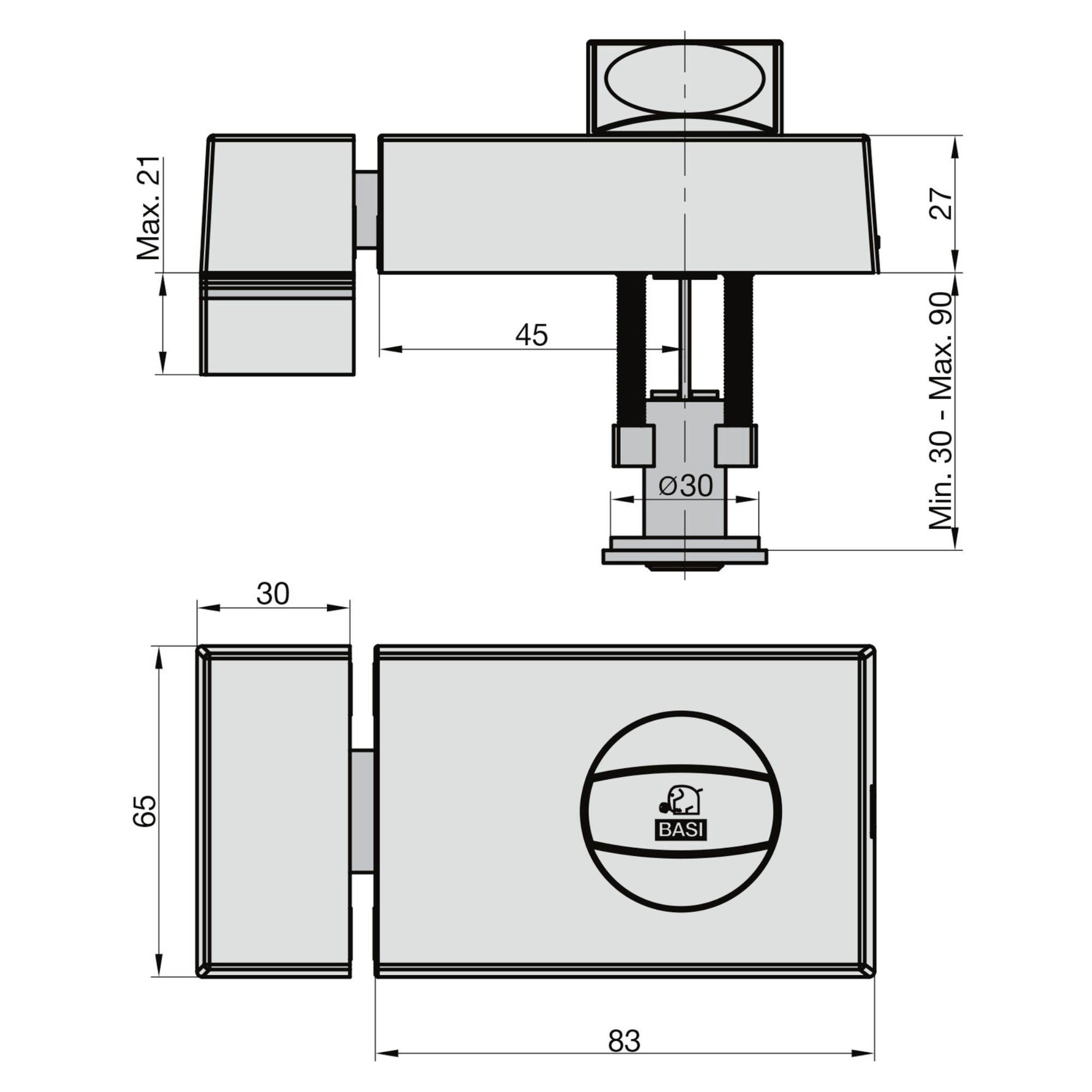 Technische tekening van een slot met afmetingen: Max 21mm, Max 27mm, 45mm diepte, 83mm breedte. Gelabeld 'BASI'.
