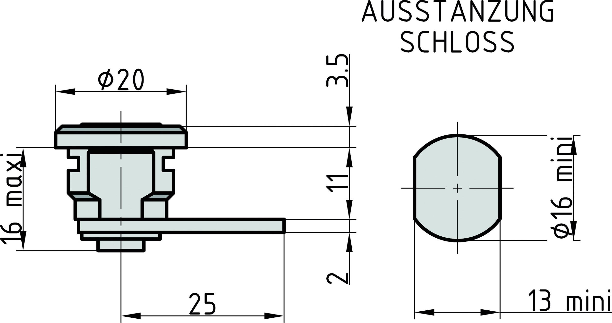 'Technische tekening van een uitsparing voor een slot. Zij- en vooraanzicht met afmetingen: Ø16 min, diepte 13 min.'