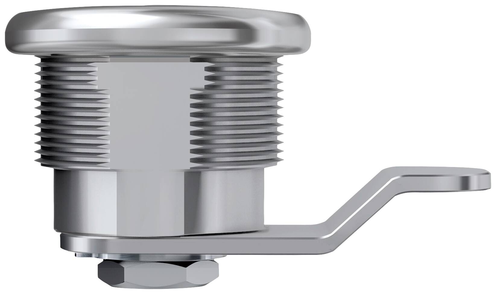 Een ronde, metalen hefboomgreep met geprofileerd schroefdraad. Geschikt voor montage op oppervlakken, gebruikt voor vergrendeling.