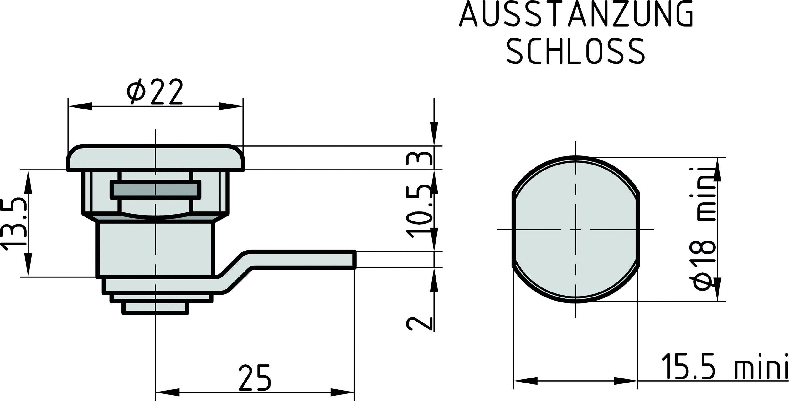 Technische tekening van een slot met afmetingen: diameter 22 mm, uitsparing 18 mm, totale lengte 25,5 mm.