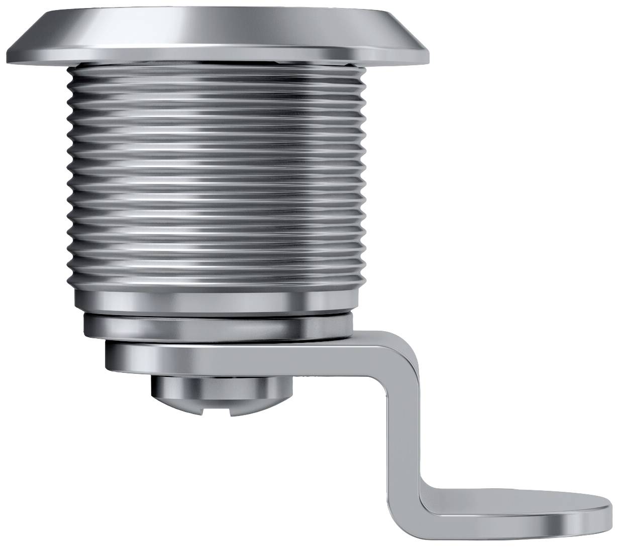 Metalen schroefinrichting met zijdelingse flens en robuust schroefdraad. Industrieel design voor bevestigingsdoeleinden.