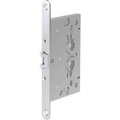 Een zilveren metalen mortaiseslot met cilindrische componenten en uitsnijdingen voor montage, ontworpen voor deurbeveiliging en installatie.