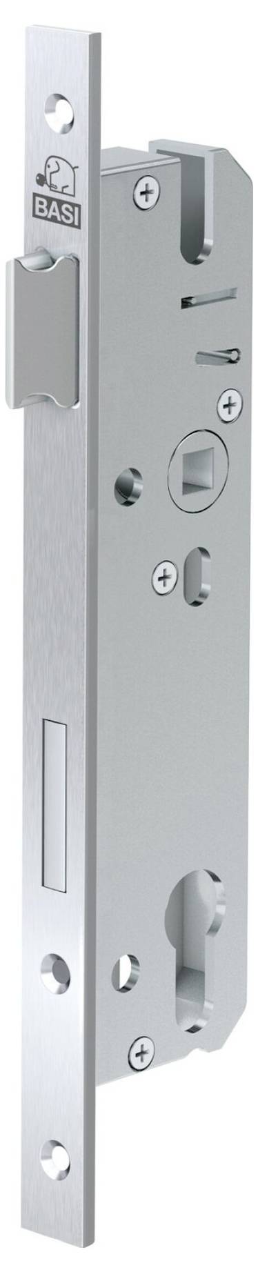 Metalen mortise slotmechanisme met een rechthoekige frontplaat, voorzien van een grendel en bout, waarschijnlijk gebruikt voor deuren in residentiële of commerciële instellingen.