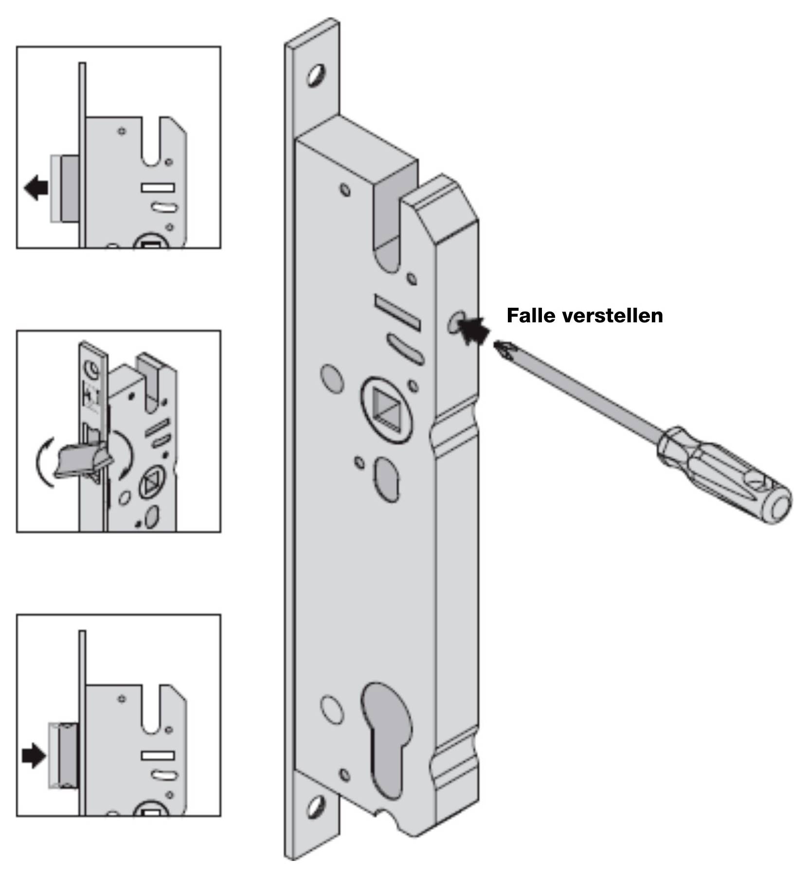 Diagram dat illustreert hoe je een slotpal met een schroevendraaier kunt verstellen. Pijlen tonen de verstelbaarheidsrichting. Duitse tekst luidt 'Falle verstellen'.