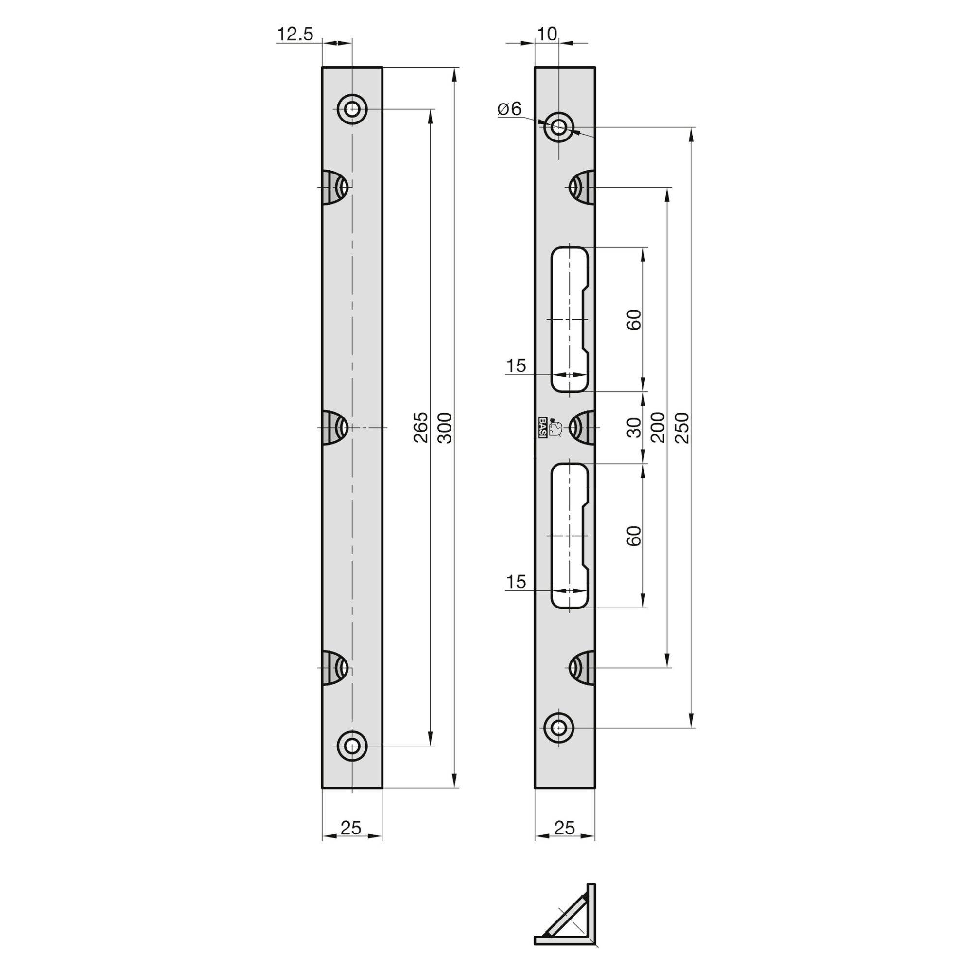 'Technische tekening van een metalen plaat met afmetingen. De lengte is 300 mm met gaten op afstanden van 60-130-60 mm. De breedte is 25 mm.'