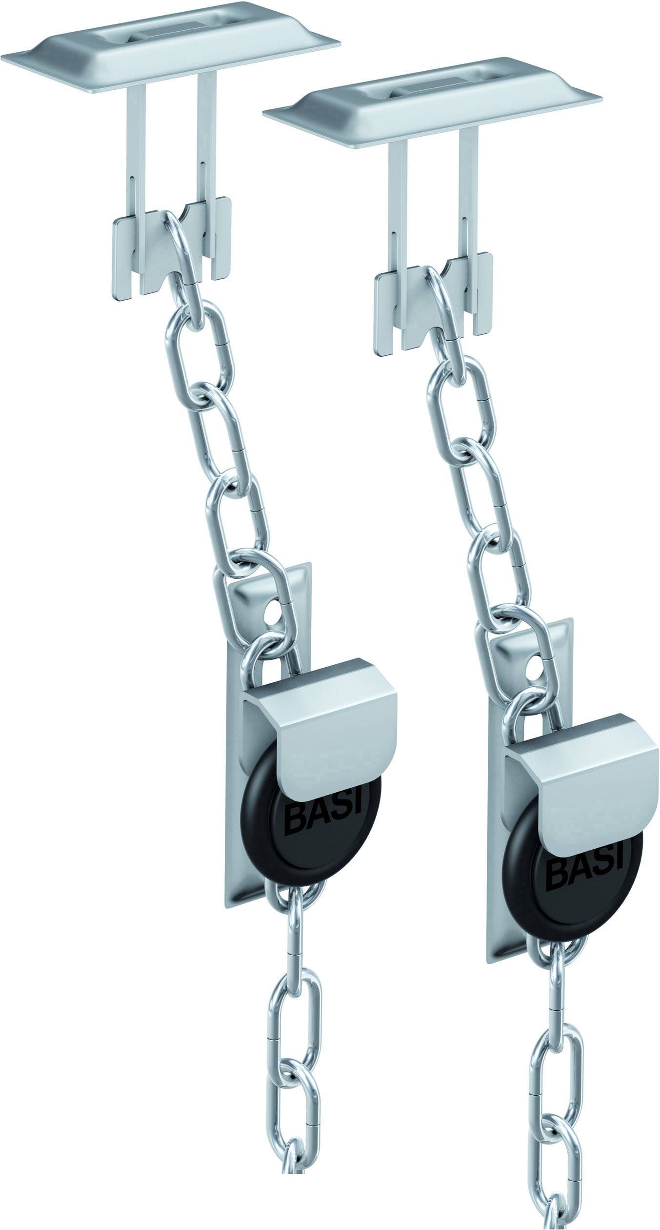 Veiligheidsketting met wandbevestiging in zilvermetaal, bestaande uit twee kettingen en twee sloten die stabiliteit bieden.