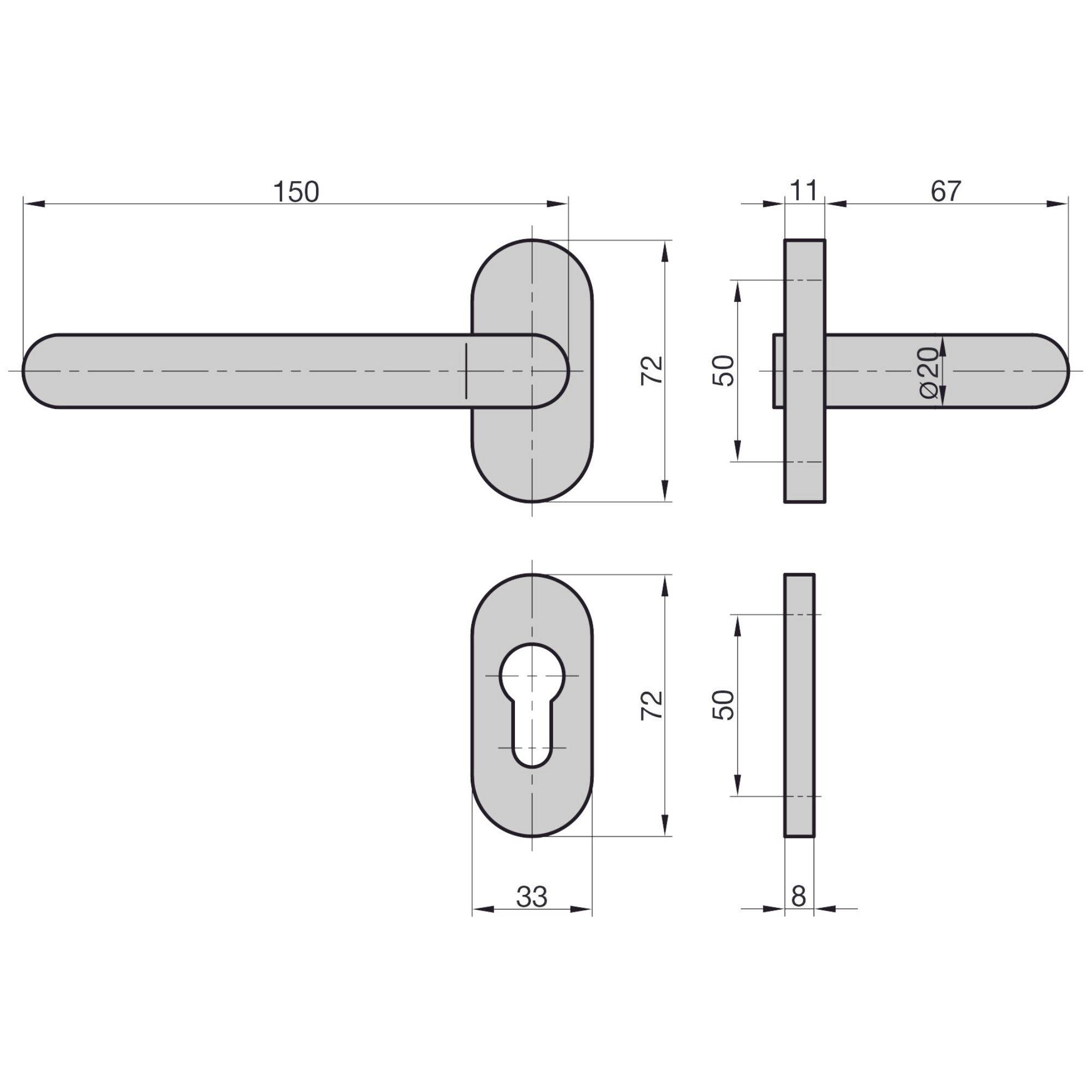 Technische tekening van een deurklink en sleutelblad met maten: klinklargte 150 mm, breedte 67 mm, hoogte van het sleutelblad 72 mm.