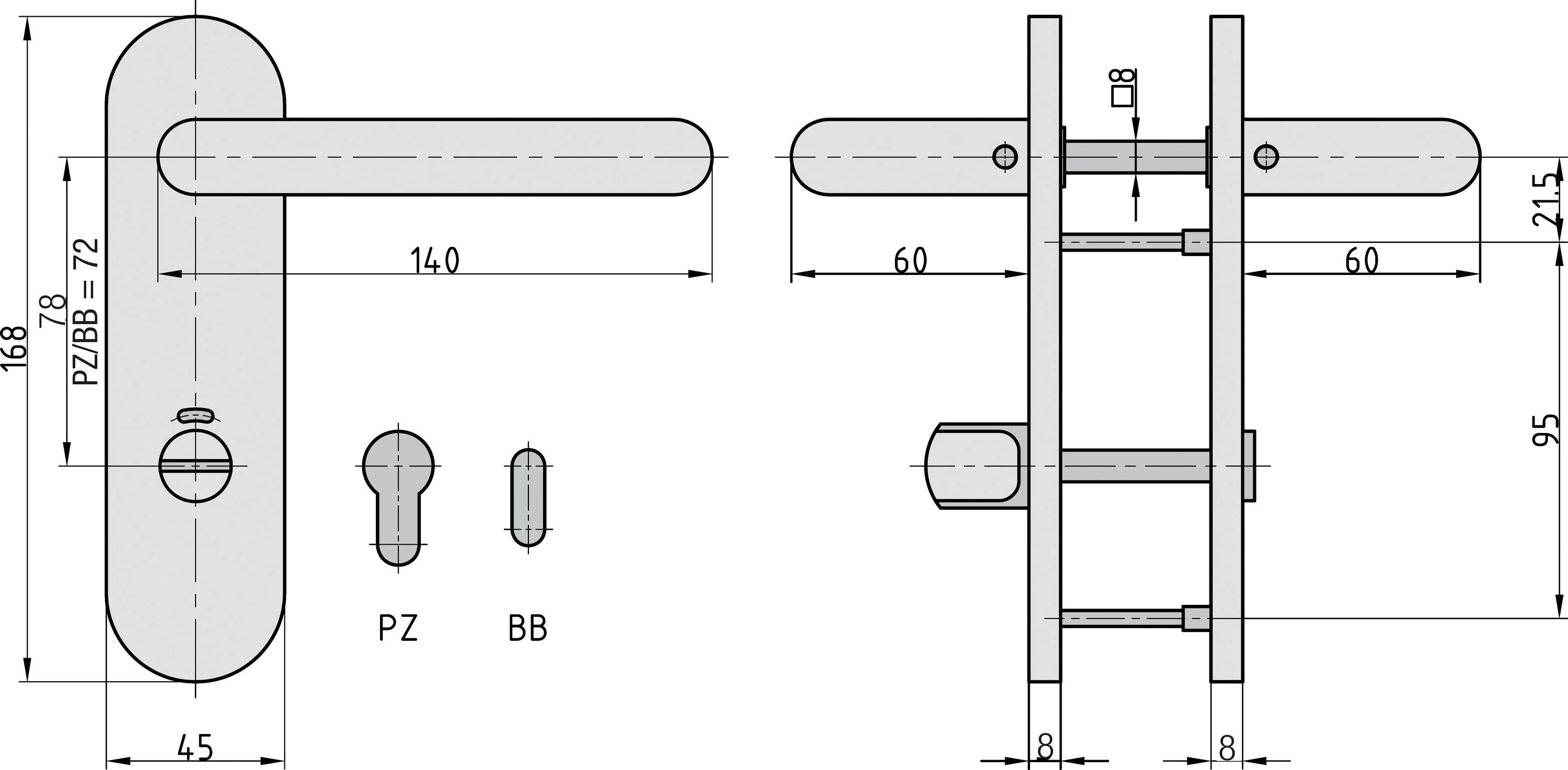 Technische tekening van een deurklink-combinatie met maatvoering in millimeters. Zij- en vooraanzicht tonen details van de sleutelwanddikte.