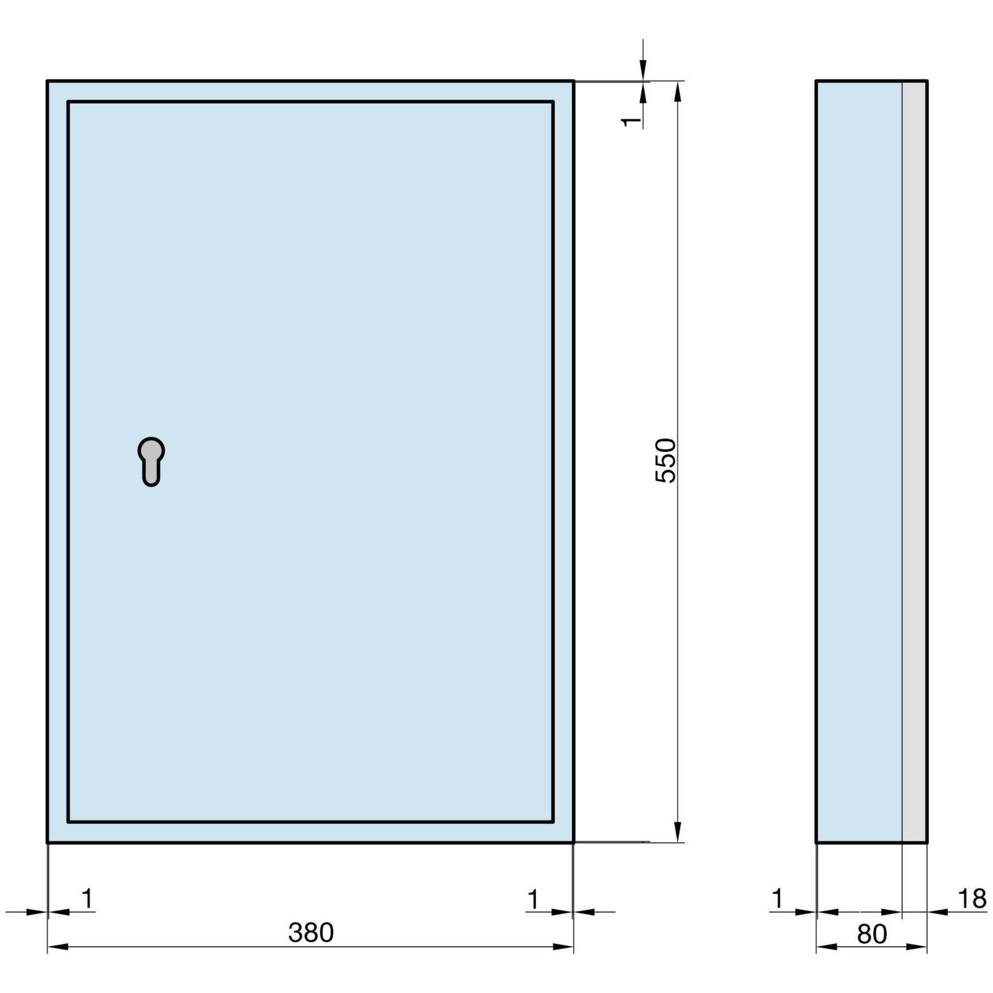 Afbeelding van een blauwe rechthoekige kast met deuren; afmetingen: 550 mm hoogte, 380 mm breedte, 80 mm diepte. Bevat een sleutelgat.