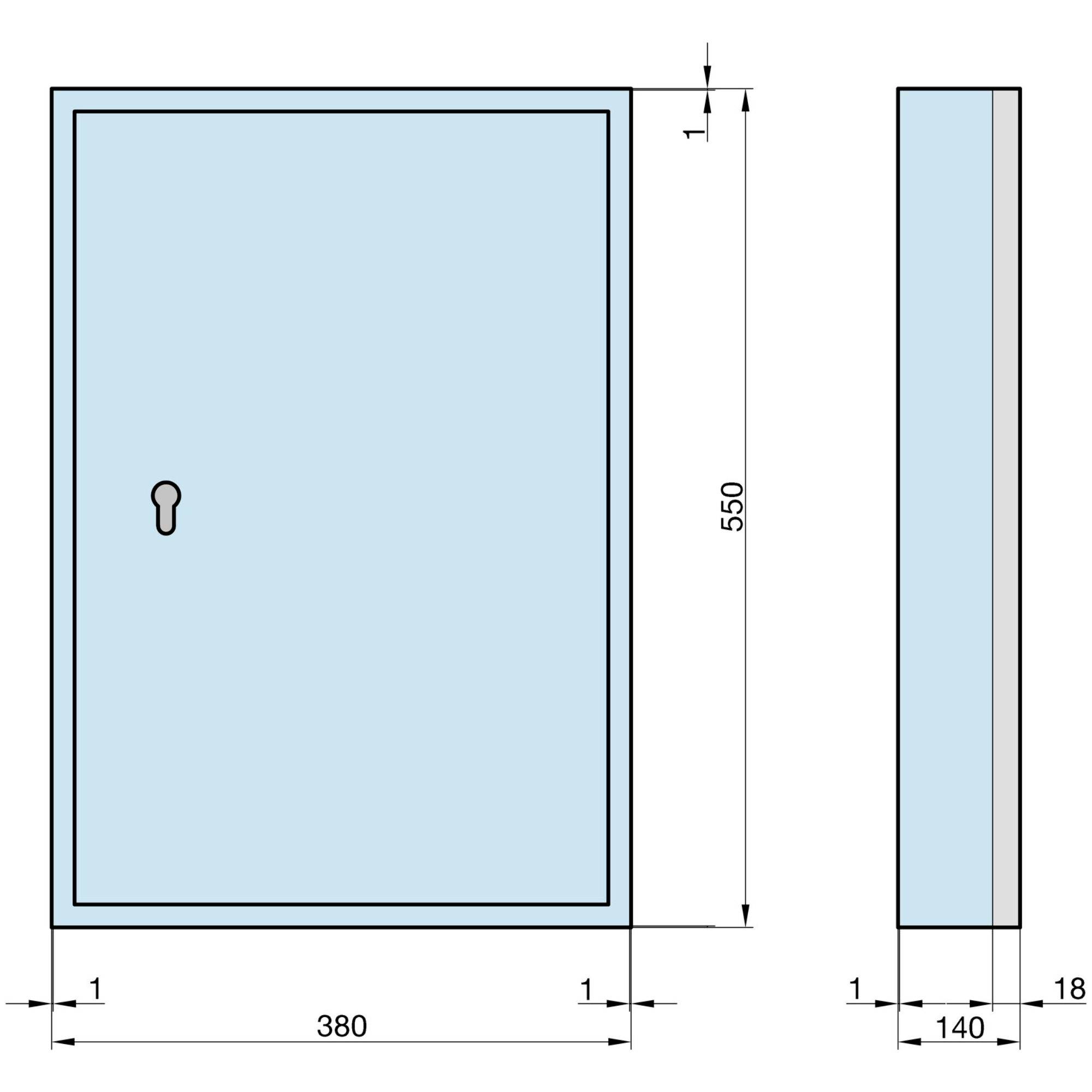 Technische tekening van een rechthoekige kast met afmetingen 380 mm breedte, 550 mm hoogte, 140 mm diepte. Sleutelgat zichtbaar.
