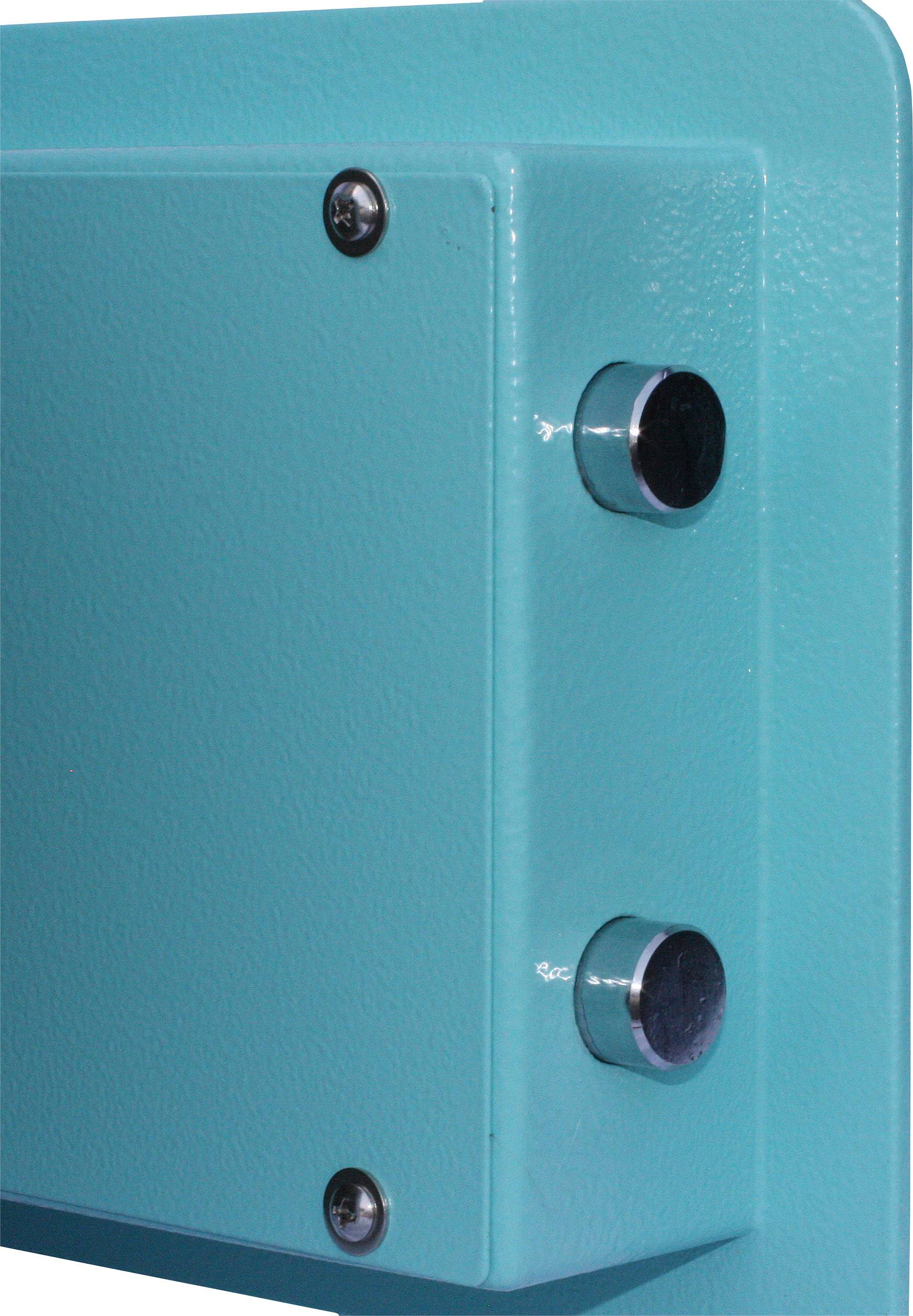 Een turquoise rechthoekige metalen behuizing met twee zilveren, cilindrische knoppen aan de rechterkant.