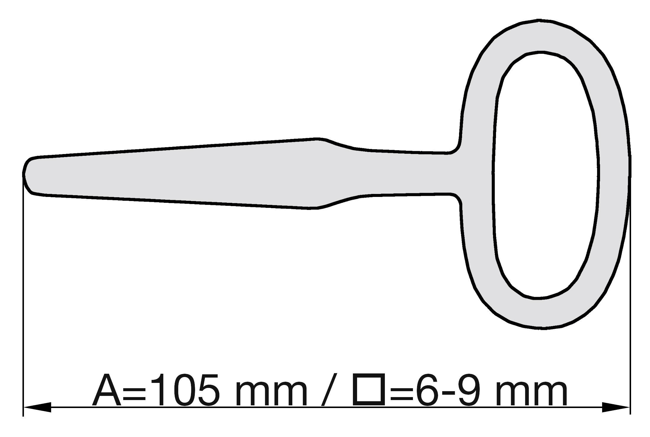 Zwart-wit diagram van een moersleutel. Lengte 105 mm, openingsgrootte 6-9 mm.