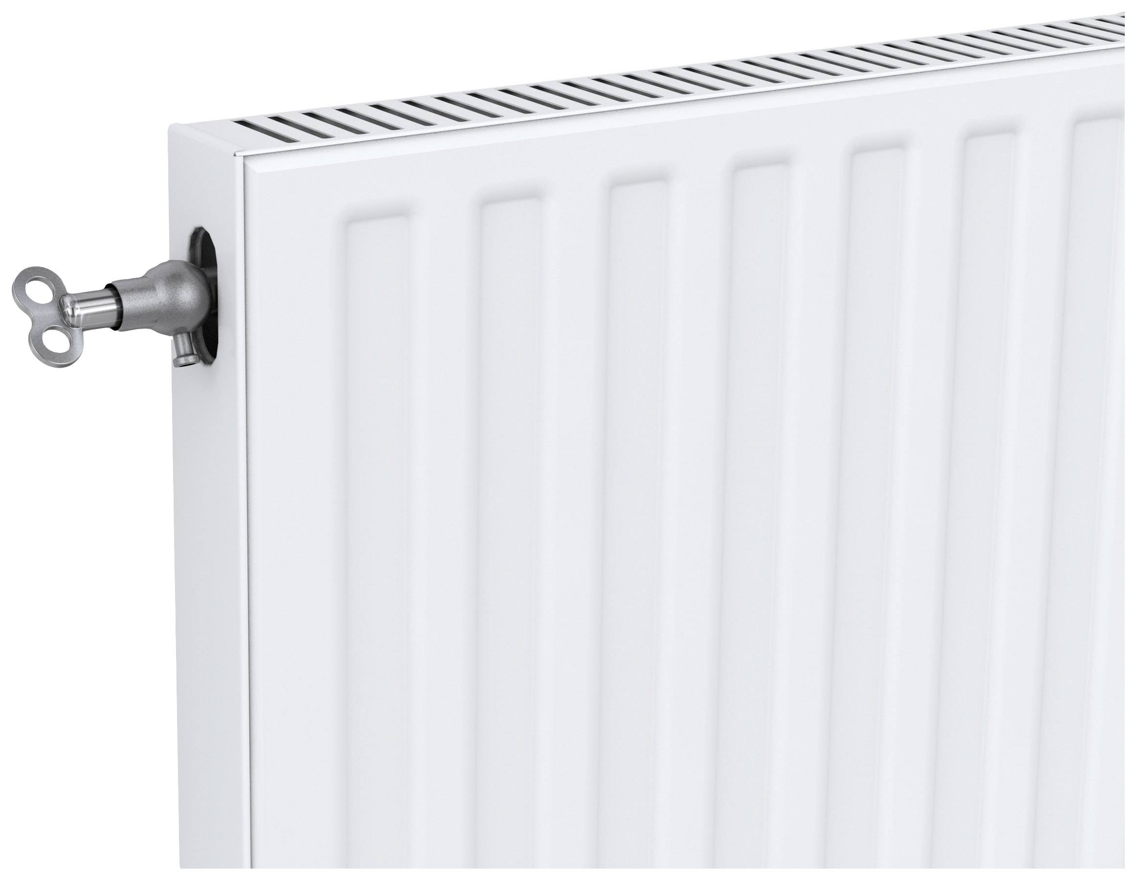 Een witte radiator met een ontluchtingssleutel die linksboven in de klep wordt gestoken.