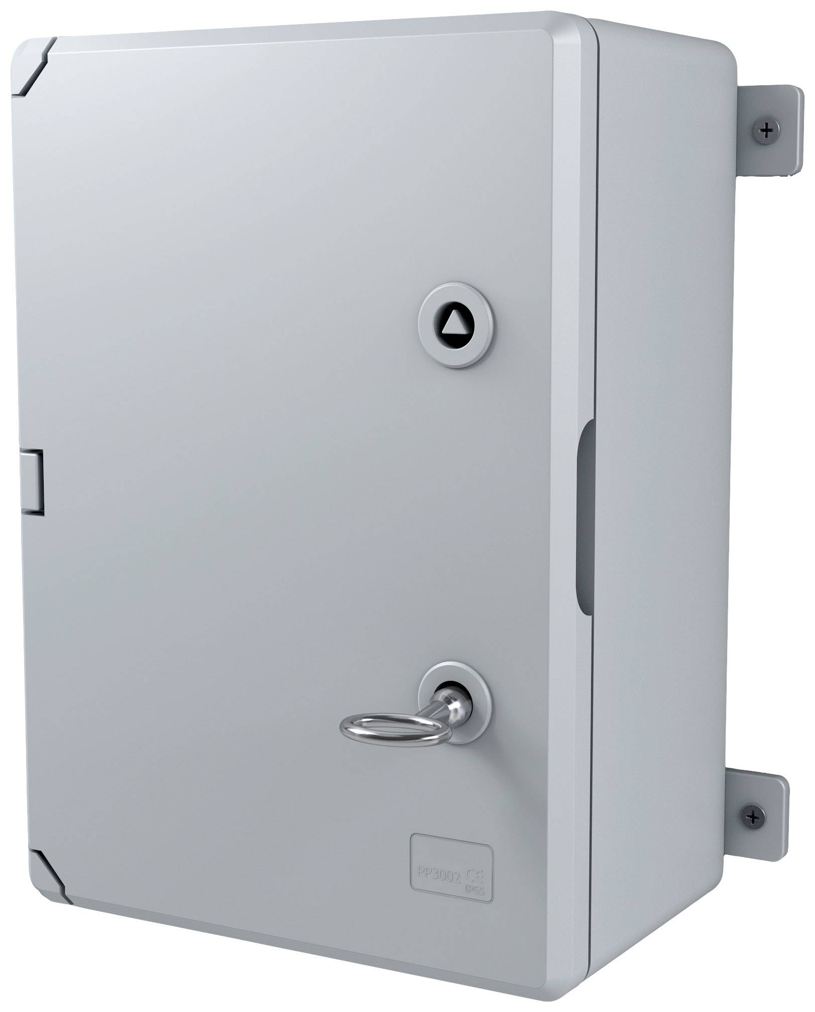 Grijs wandbehuizing met afsluitbare deur en twee knoppen, gemonteerd op een metalen achterplaat.