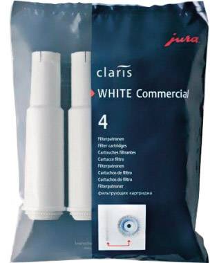 Twee witte waterfilterpatronen, verpakt in een blauwe zak met het opschrift 'Jura Claris White Commercial 4'.