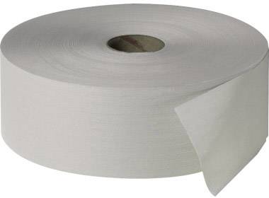 Grote rol papier die geschikt is als toiletpapier. Gedeeltelijk uitgerold blad. Geen andere objecten in beeld.
