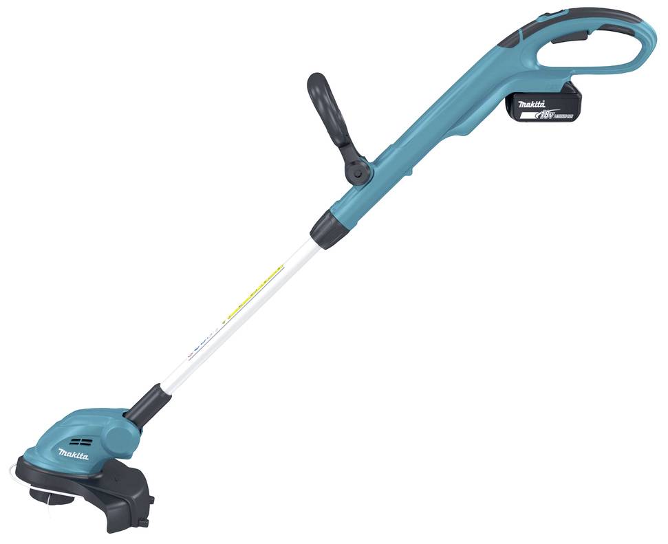 Accuradiator met blauwe handgreep en zwart snijhoofd, geschikt voor het trimmen van gazonranden en kleinere oppervlakken.