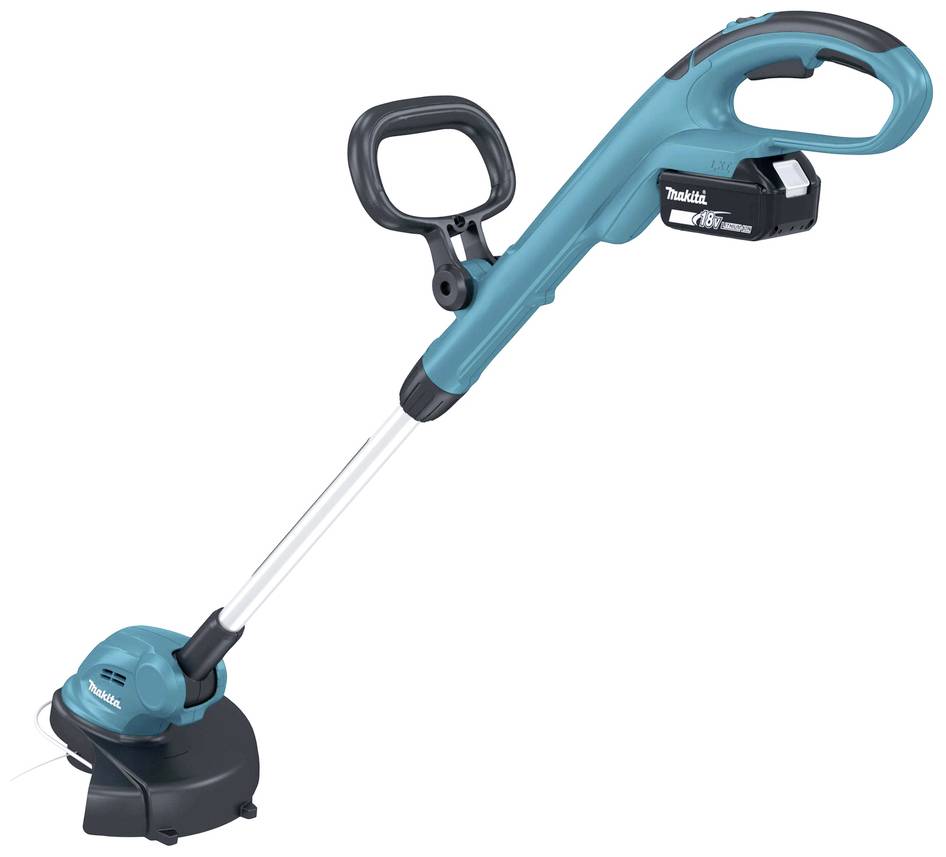 'Elektrische grasmaaier in blauw met zwarte handgreep en maaikop. Werkt op batterij met verwijderbare accu.'