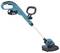 Een blauwe, draadloze grastrimmer met een ergonomische handgreep en een zwart snijhoofd, geschikt voor lichte tuinwerkzaamheden.