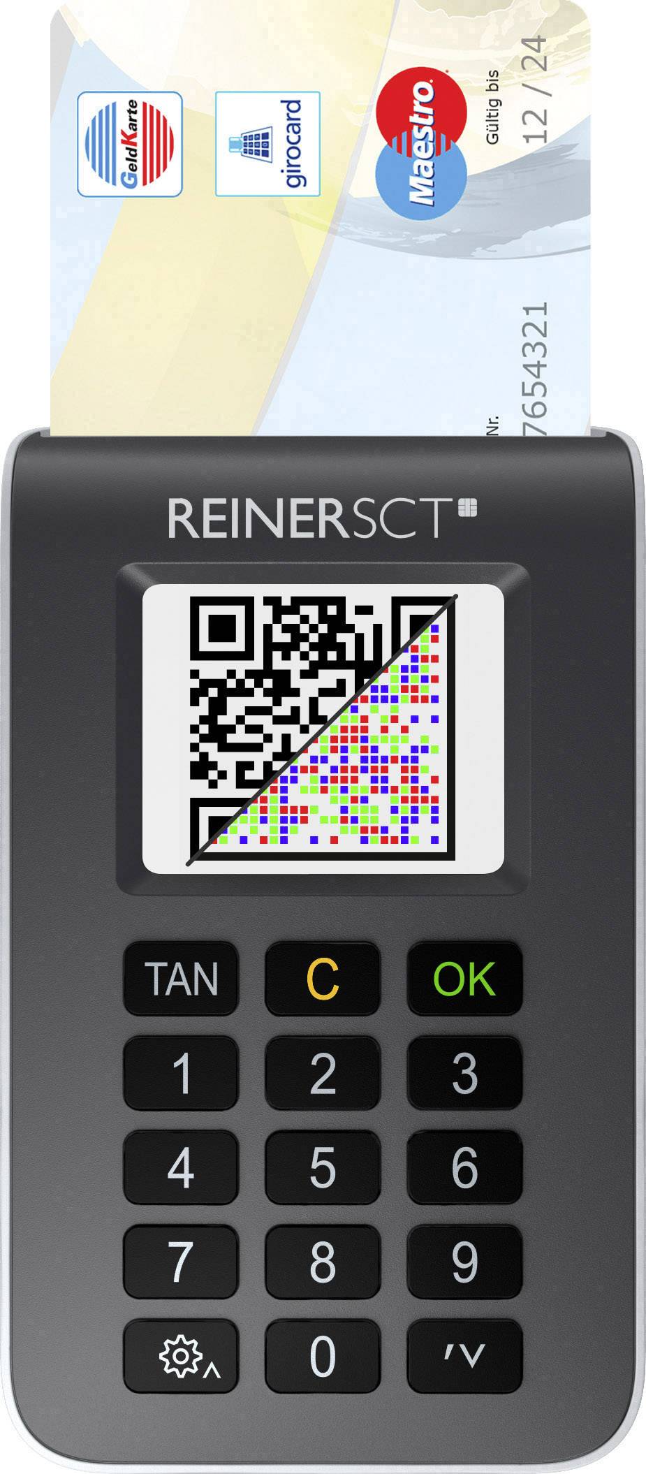Een kaartlezer met een ingestoken bankpas en een QR-code op het display. Toetsenbord toont cijfers en functietoetsen.