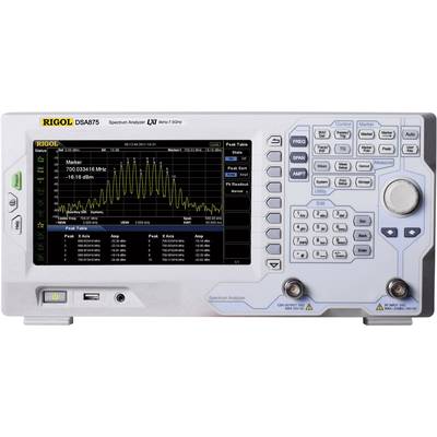 Een spectrum-analyzer toont een frequentiespectrum van 700,034416 MHz met een piekdiepte van -16,618 dBm. Bedieningspaneel met knoppen rechts.