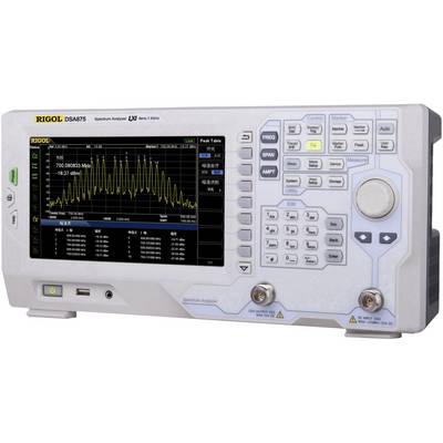 Meetapparaat met scherm toont een spectrum-analysegrafiek. Toetsen en draaiknoppen voor bediening. Model: Rigol DSA875.