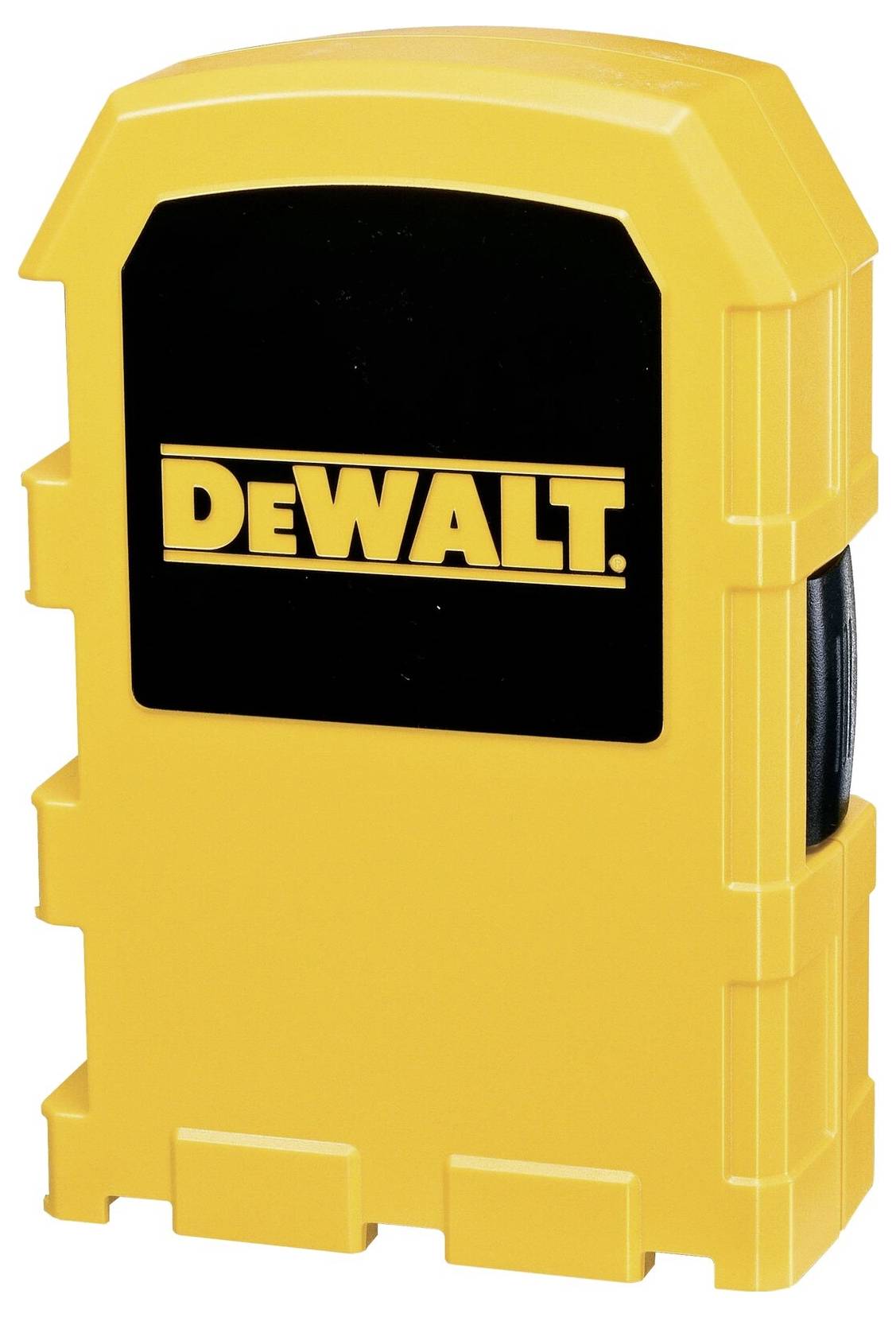 Gele DeWalt-apparaat met zwart logo op de voorkant. Het lijkt een robuuste behuizing te hebben, waarschijnlijk bedoeld voor meet- of bouwwerkzaamheden.
