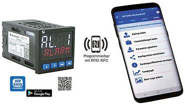 Digitaal display met "ALARM" naast een smartphonescherm dat een app met RFID/NFC-functies en menuopties toont.