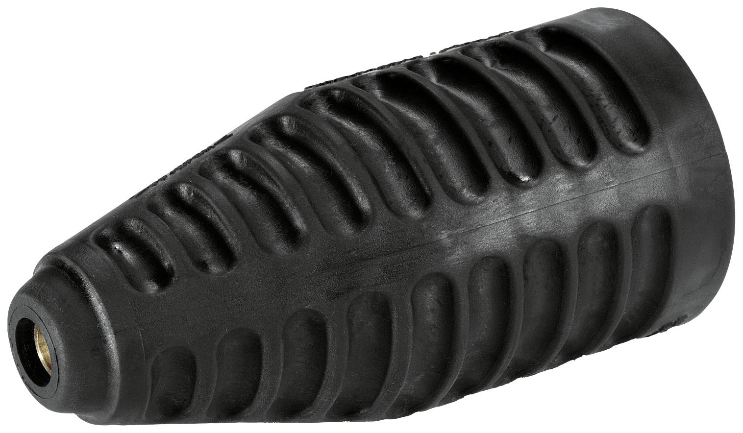 Een zwarte mondstuk met gegolfd ontwerp, gebruikt voor hogedrukreinigers, toont een conische vorm voor gerichte reinigingswerkzaamheden.