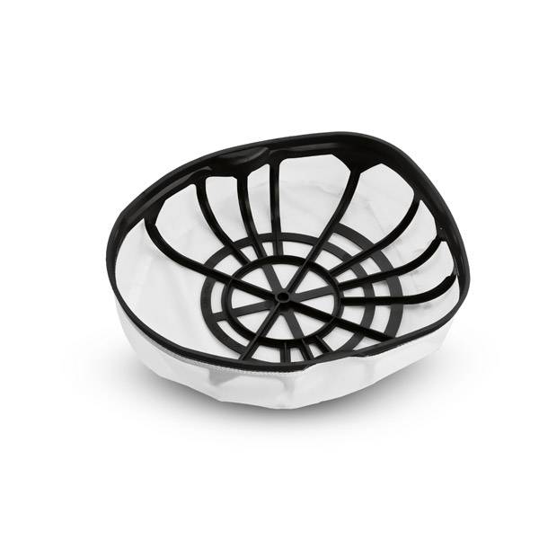 Zwarte, ronde kunststof mand met gaasbodem op witte achtergrond. Gebruikt voor keuken of afvoer, voorkomt verstoppingen.
