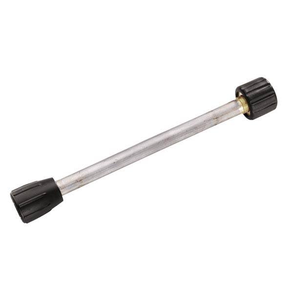 Metalen staaf met zwarte schroefbevestigingen aan beide uiteinden, mogelijk onderdeel van een mechanisch apparaat of gereedschap.