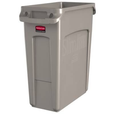 Een grijze vuilnisemmer van Rubbermaid, model 'Slim Jim', met een rechthoekige vorm en twee handgrepen aan de bovenkant.