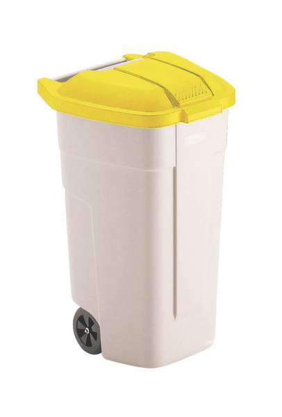 Afvalcontainer met een gele deksel op wielen, ideaal voor het verzamelen en sorteren van afval binnen of buiten.