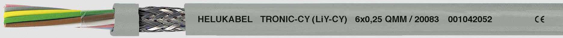 Een kabel met de opdruk 'HELUKABEL TRONIC-CY (LiY-CY) 80°C 24AWG / 4C 300V' en CE-markering, toont een afschermvlechtsel en kabelstructuur.