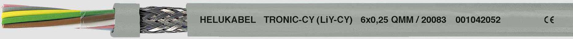 Kabel met opschrift 'HELUKABEL TRONIC-CY (LiYCY) 80°C 5x0,5 qmm/AWG20 BYO/DA/2'. Toont uitwendige afscherming en interne geleiders.