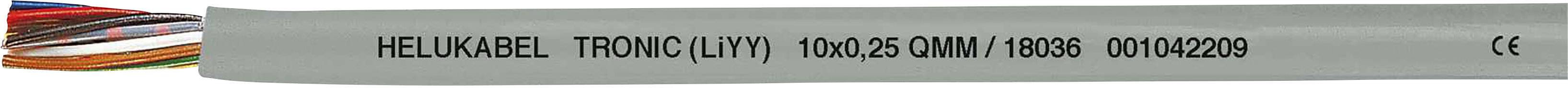 'HELUKABEL' kabel met opdruk: 'TRONIC (LiYY) 1x0,25 mm²' en '18886 00102220', grijze mantel, gekleurde draden zichtbaar.