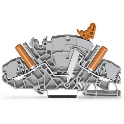 Afbeelding van een grijze en oranje aansluitklem met hefboommechanisme en interne metalen verbindingen voor elektrische bedrading.