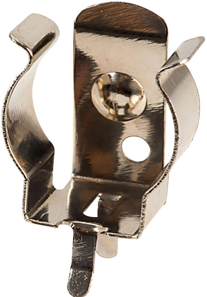 Metalen klem met twee gebogen houders en een platte achterkant, vaak gebruikt voor het bevestigen van voorwerpen aan een muur.