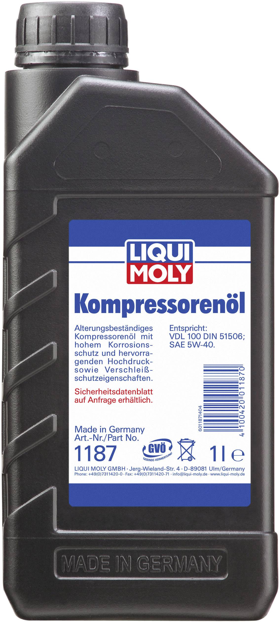 'Liqui Moly Compressorolie' fles, 1 liter, zwart. Etiket met informatie over compatibiliteit en eigenschappen van de olie.